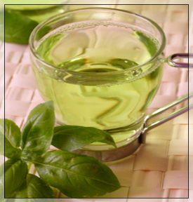 mug of green tea with herb leaves 